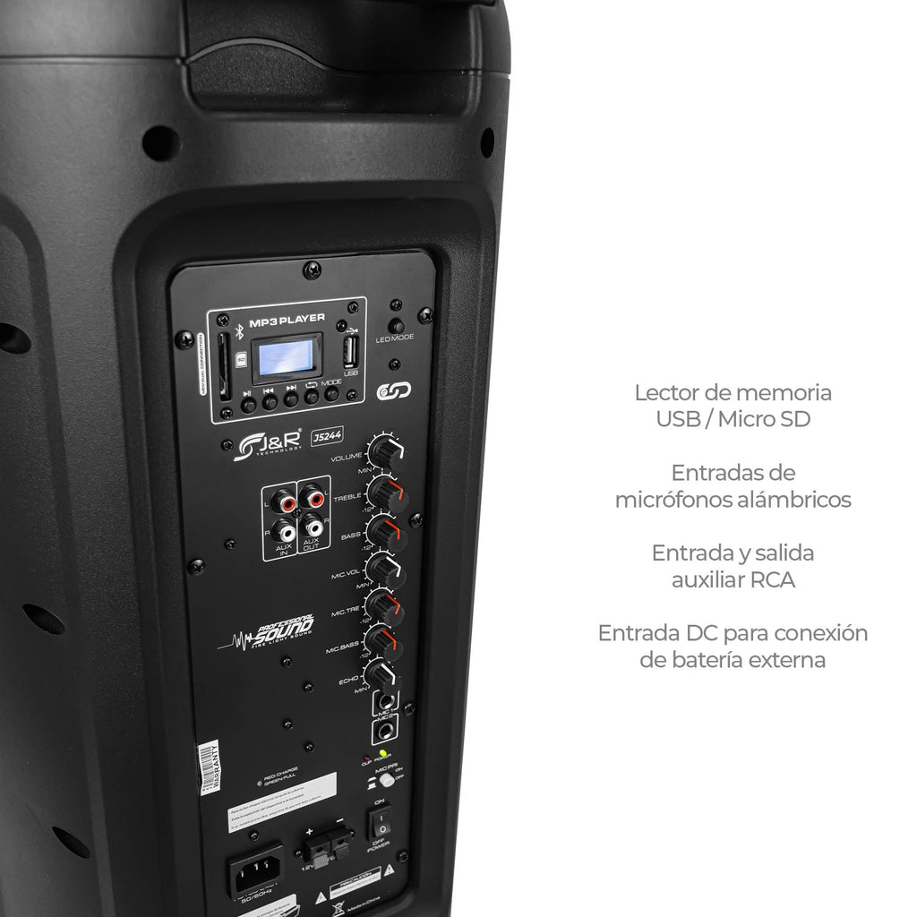 Cabina doble bocina recargable 2500w j&r j5244 / 8”